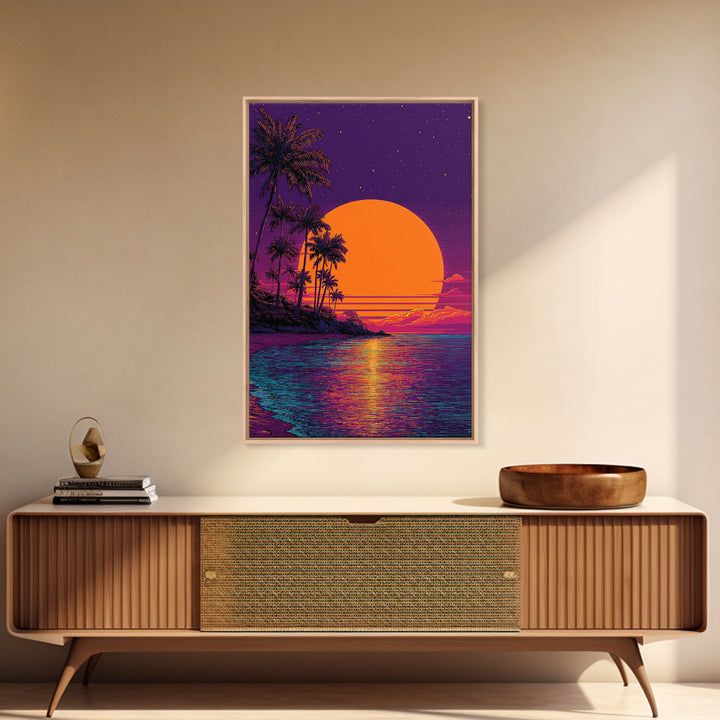 Tropical Sunset With Palm Trees Over Water Vibrant Coastal Wall Art Framed Canvas Print