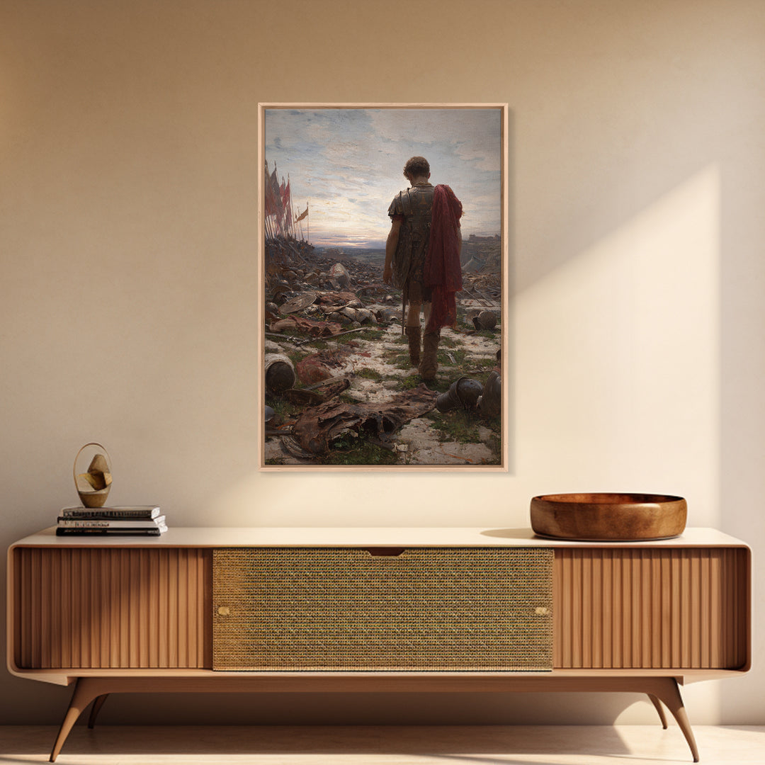 Lone Roman Soldier Framed Canvas Print, Battlefield Wall Art, Historical Warrior Oil Painting, Dark Academia Office Decor