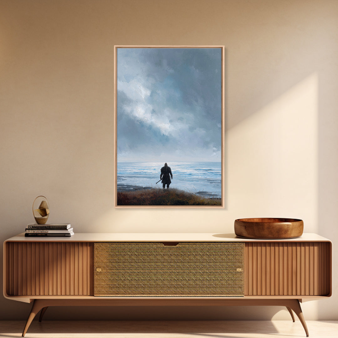 Lone Warrior Facing Cold Blue Sea Canvas Print, Minimalist Coastal Wall Art, Moody Seascape Living Room Decor, Above Bed Art