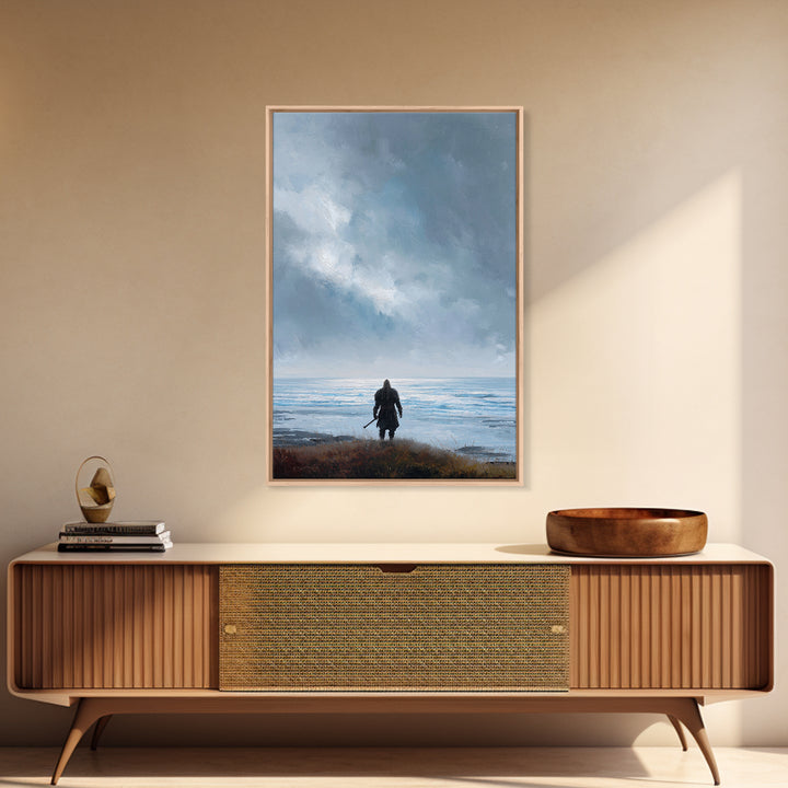 Lone Warrior Facing Cold Blue Sea Canvas Print, Minimalist Coastal Wall Art, Moody Seascape Living Room Decor, Above Bed Art
