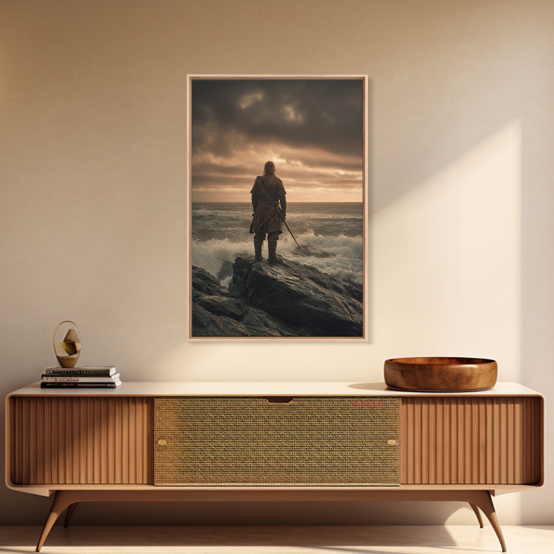 Lone Warrior On Stormy Shore Canvas Print, Moody Seascape Wall Art, Coastal Fantasy Decor, Masculine Bedroom Art Print Gift