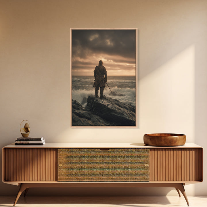 Lone Warrior On Stormy Shore Canvas Print, Moody Seascape Wall Art, Coastal Fantasy Decor, Masculine Bedroom Art Print Gift