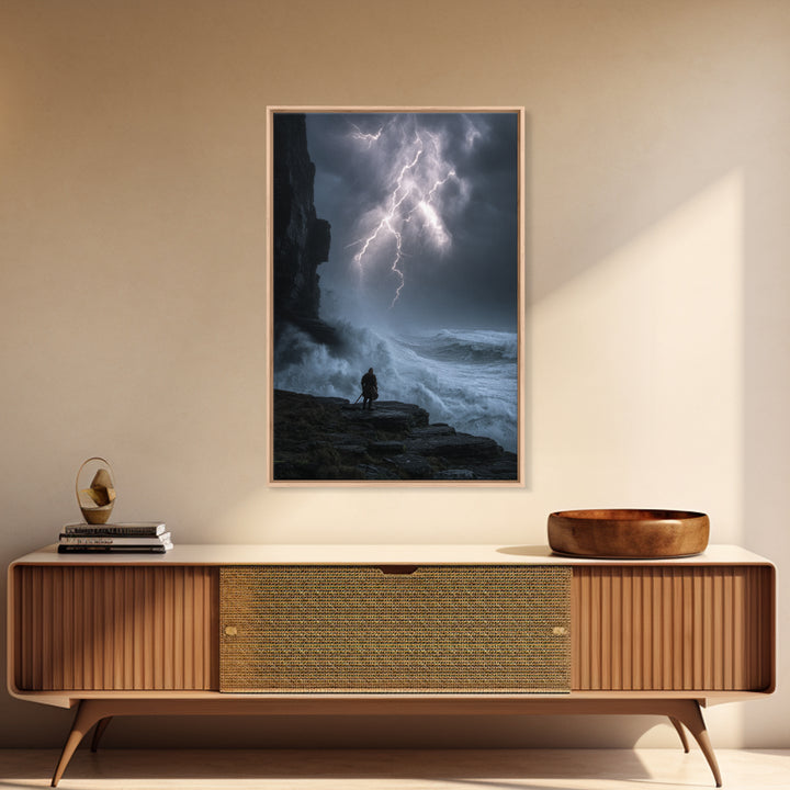 Lone Warrior Beneath Lightning Storm Framed Canvas Print, Dark Seascape Wall Art, Dramatic Fantasy Decor Print, Gift For Him