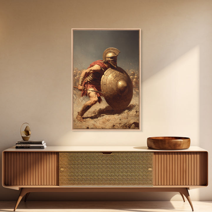 Ancient Greek Hoplite With Bronze Shield Wall Art, Spartan Warrior Canvas Print, Classical History Office Decor, Gift For Him