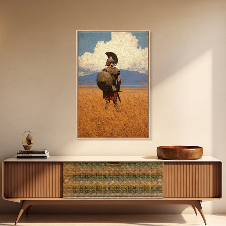 Spartan Warrior In Golden Field Canvas Print, Greek Hoplite Landscape Painting, Ancient History Wall Decor For Office Gift