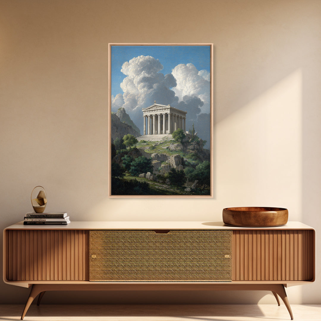 Ancient Greek Temple Under Towering Clouds Canvas Print, Classical Landscape Wall Art, Mediterranean Home Decor, Fine Art