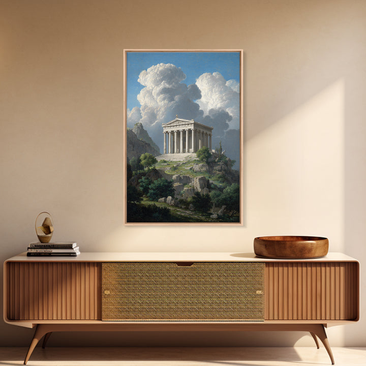 Ancient Greek Temple Under Towering Clouds Canvas Print, Classical Landscape Wall Art, Mediterranean Home Decor, Fine Art