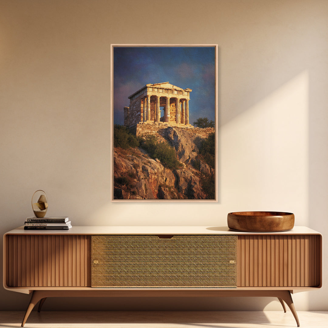 Golden Greek Temple On Rocky Hill Wall Art, Ancient Greece Landscape Painting, Mediterranean Decor, Travel Art Print, Gift For Him
