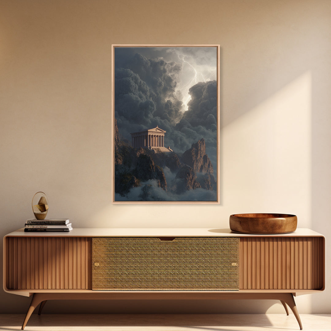 Ancient Greek Temple In Lightning Storm Framed Canvas Print, Mythological Wall Art, Dramatic Landscape Decor, Office Art