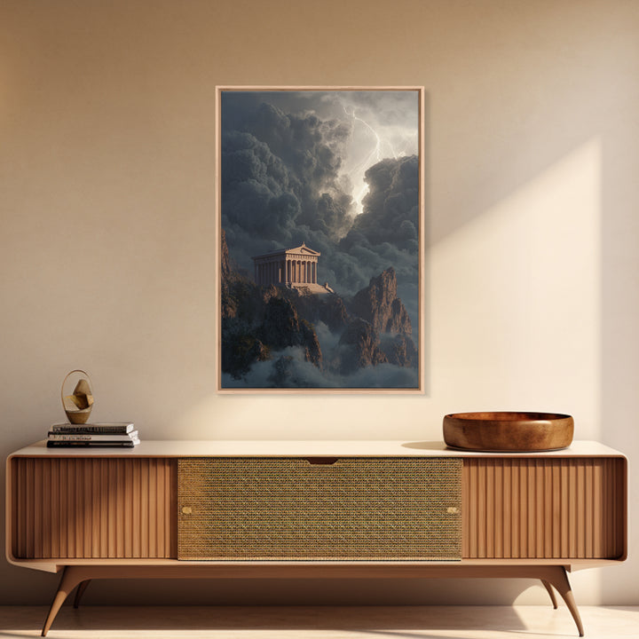 Ancient Greek Temple In Lightning Storm Framed Canvas Print, Mythological Wall Art, Dramatic Landscape Decor, Office Art