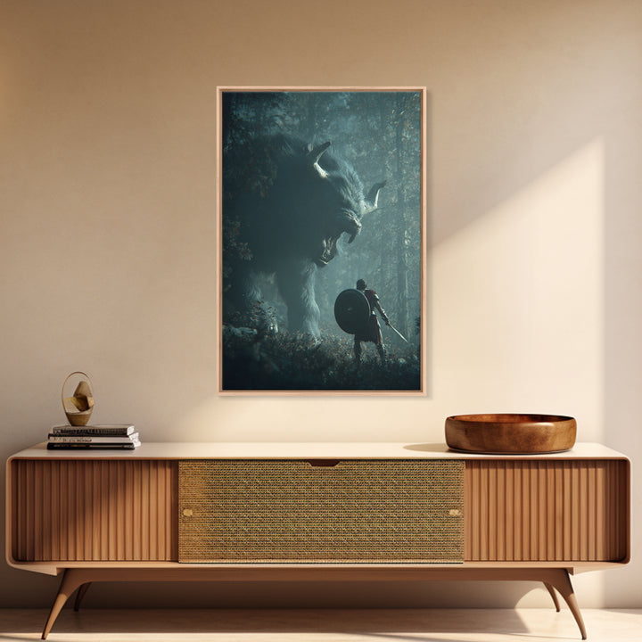 Warrior Facing Giant Wolf In Forest Wall Art, Dark Fantasy Canvas Print, Mythical Creature Decor, Gift For Gamer, Adventure Art