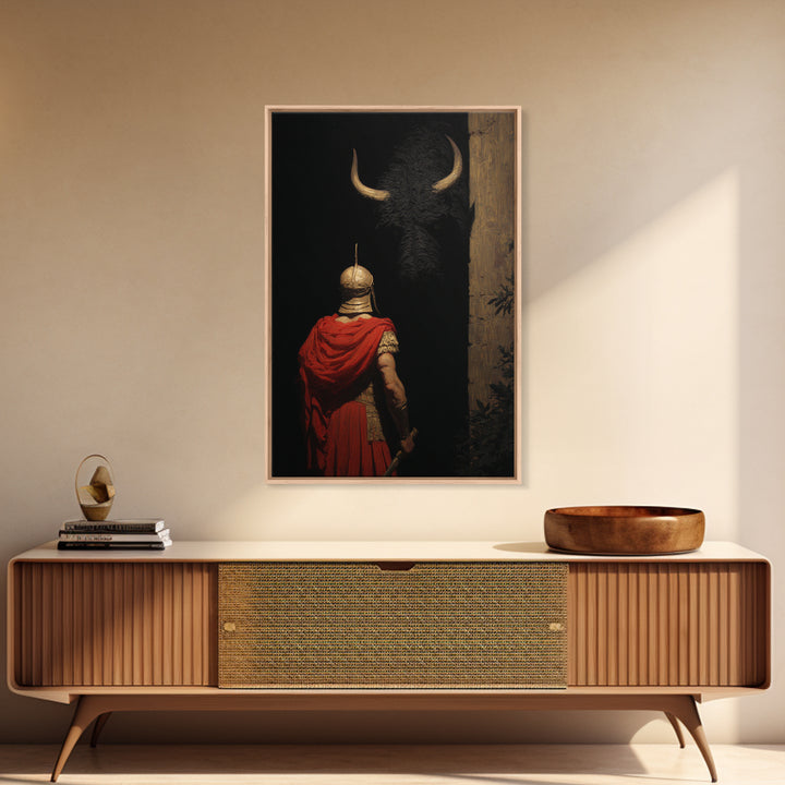 Roman Soldier Facing Shadowed Bull Framed Canvas Print, Mythological Art, Dark Academia Decor, Ancient Classical Wall Art