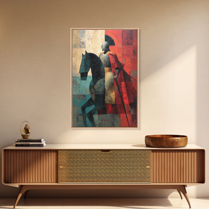 Abstract Roman Cavalry And Red Cloak Framed Canvas Print, Ancient Warrior Wall Decor, Modern Historical Art Print, Gift For Him