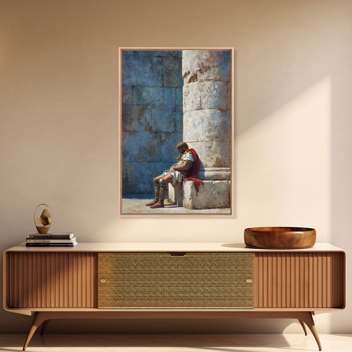 Resting Roman Soldier By Stone Column Wall Art, Ancient Classical Canvas Print, Historical Office Decor For Him, Housewarming Gift