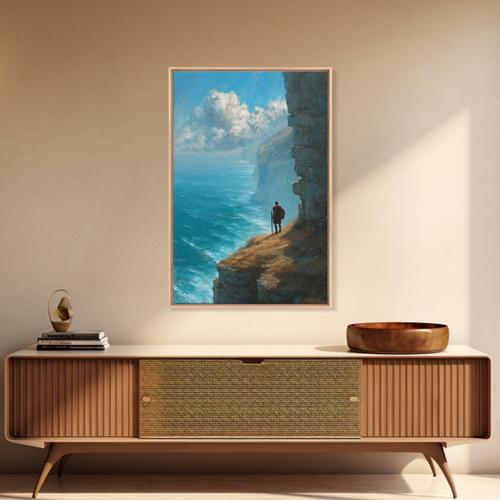 Epic Coastal Cliffside Warrior Painting Wall Art Canvas Print Dramatic Ocean View With Ancient Soldier For Home Decor