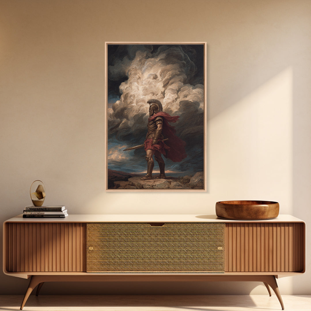 Roman Centurion Under Storm Clouds Framed Canvas Print, Classical Warrior Wall Art, Mythological Decor, Dramatic Office Art