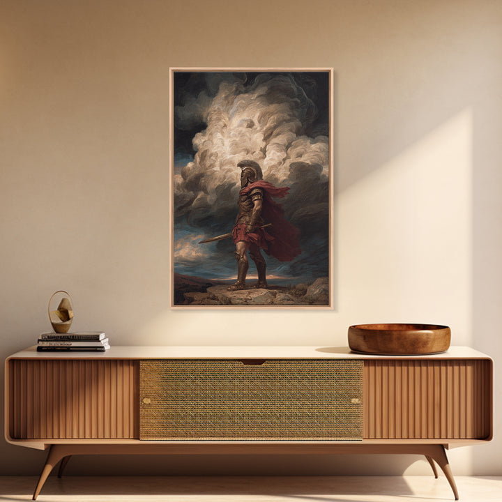 Roman Centurion Under Storm Clouds Framed Canvas Print, Classical Warrior Wall Art, Mythological Decor, Dramatic Office Art