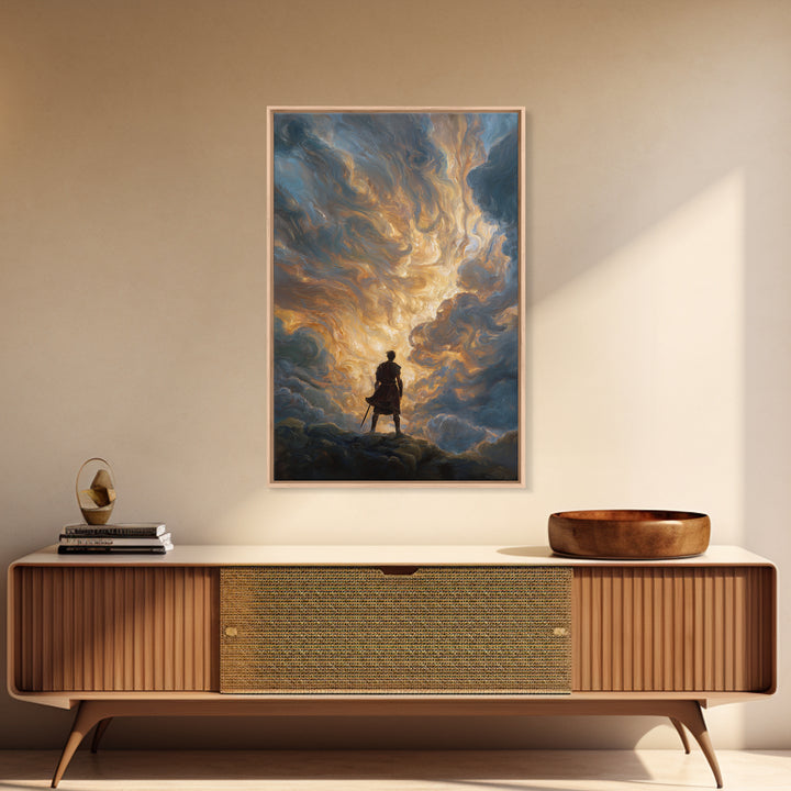 Lone Hero Beneath Golden Storm Clouds Wall Art, Epic Fantasy Canvas Print, Dramatic Sky Modern Living Room Decor, Office Decor