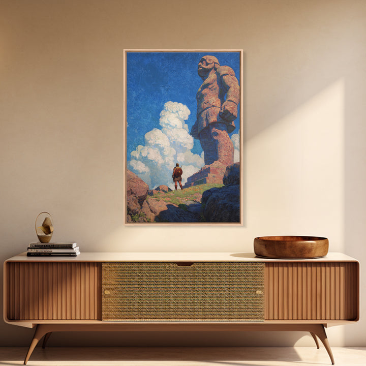 Tiny Warrior Beneath Colossal Stone Giant, Fantasy Wall Art, Mythical Landscape Print, Adventure Decor, Kids Room Art, Unique Gift