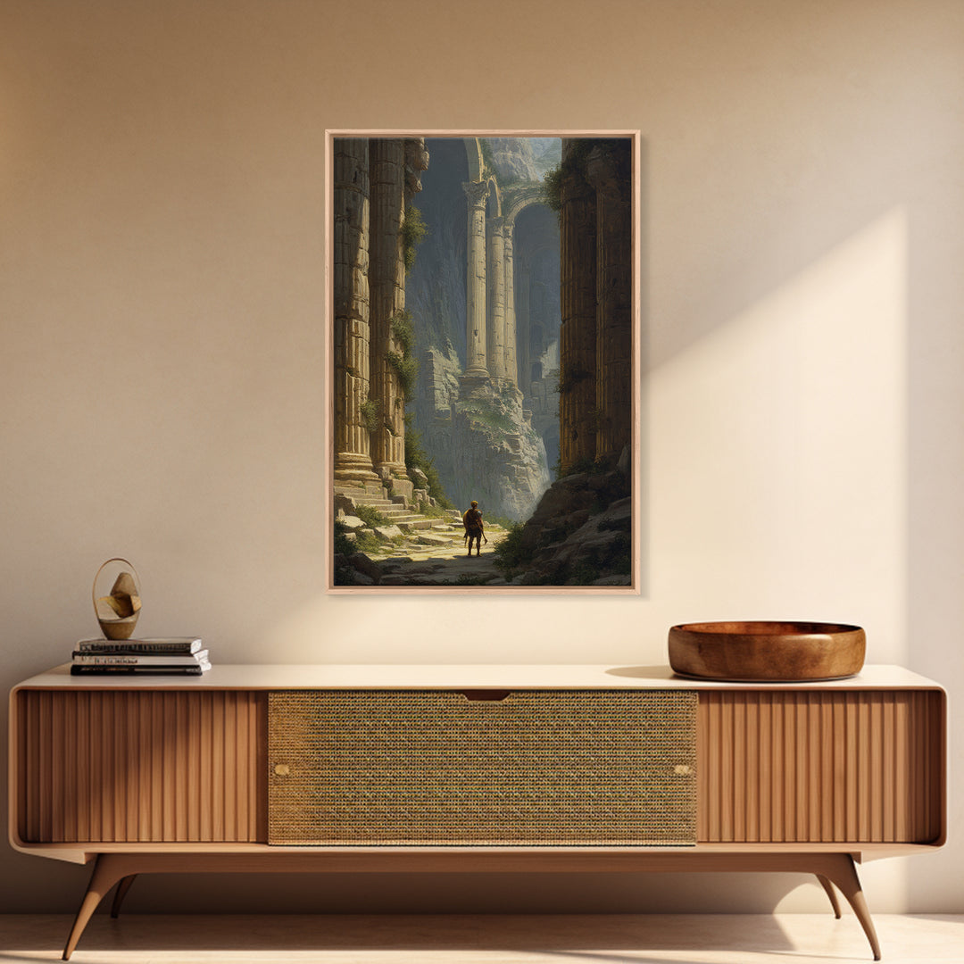 Lone Explorer In Monumental Ancient Ruins Wall Art, Fantasy Architecture Canvas, Classical Landscape Decor, Large Fine Art Print