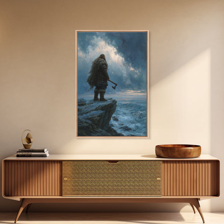 Viking Warrior On Stormy Ocean Cliff Wall Art, Norse Fantasy Canvas, Moody Seascape Print, Masculine Home Decor, Gift For Him