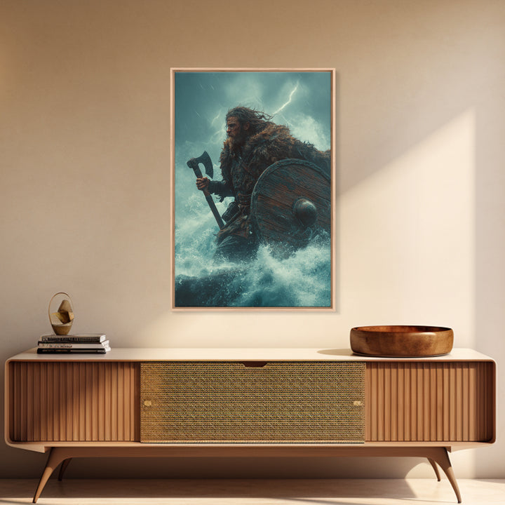 Stormy Viking Warrior With Axe, Norse Seascape Wall Art, Dark Fantasy Canvas Print, Masculine Decor, Gift For Him, Man Cave