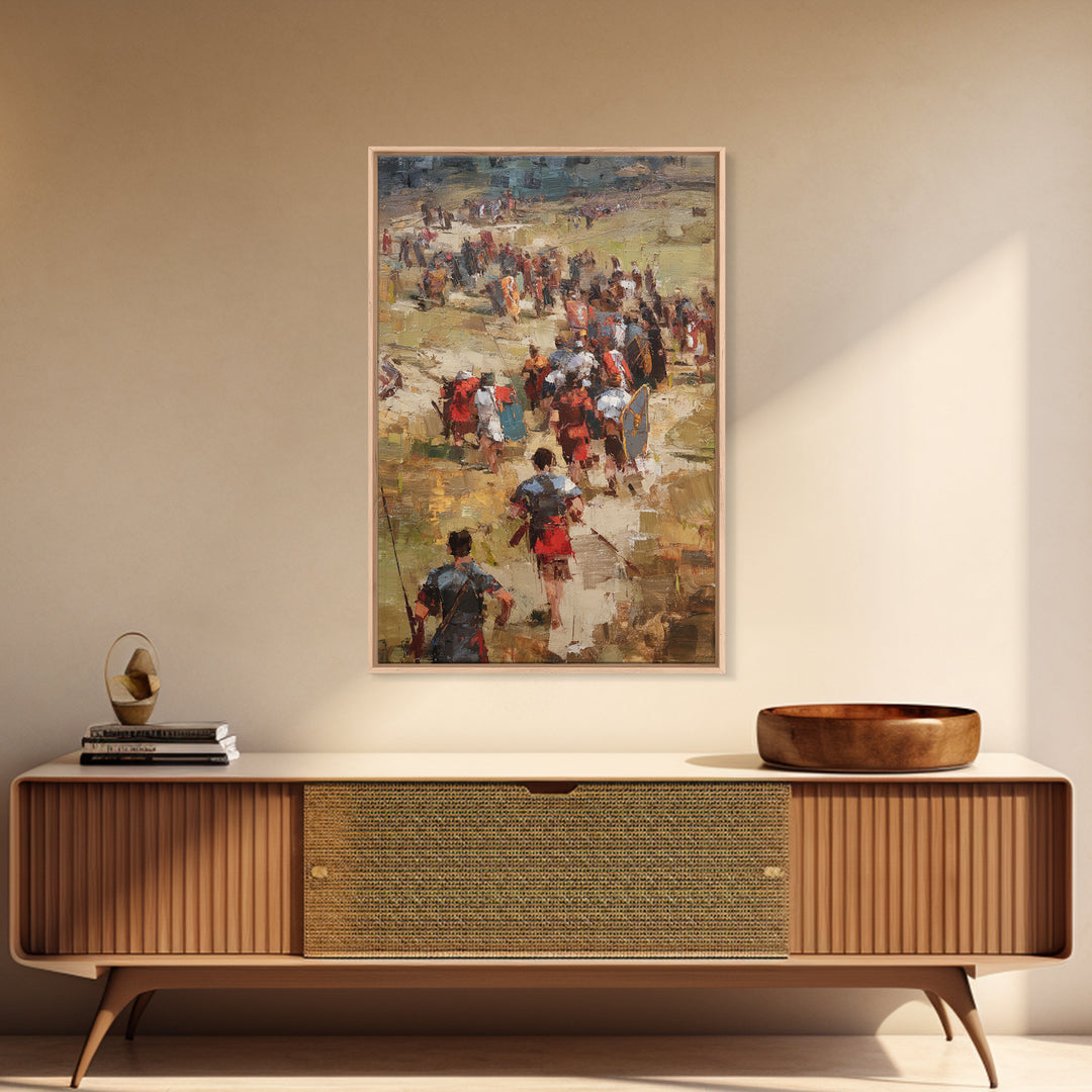 Roman Soldiers Marching Through Sunlit Camp Canvas Print, Impressionist Historical Wall Art, Classical Home Decor, Gift For Him