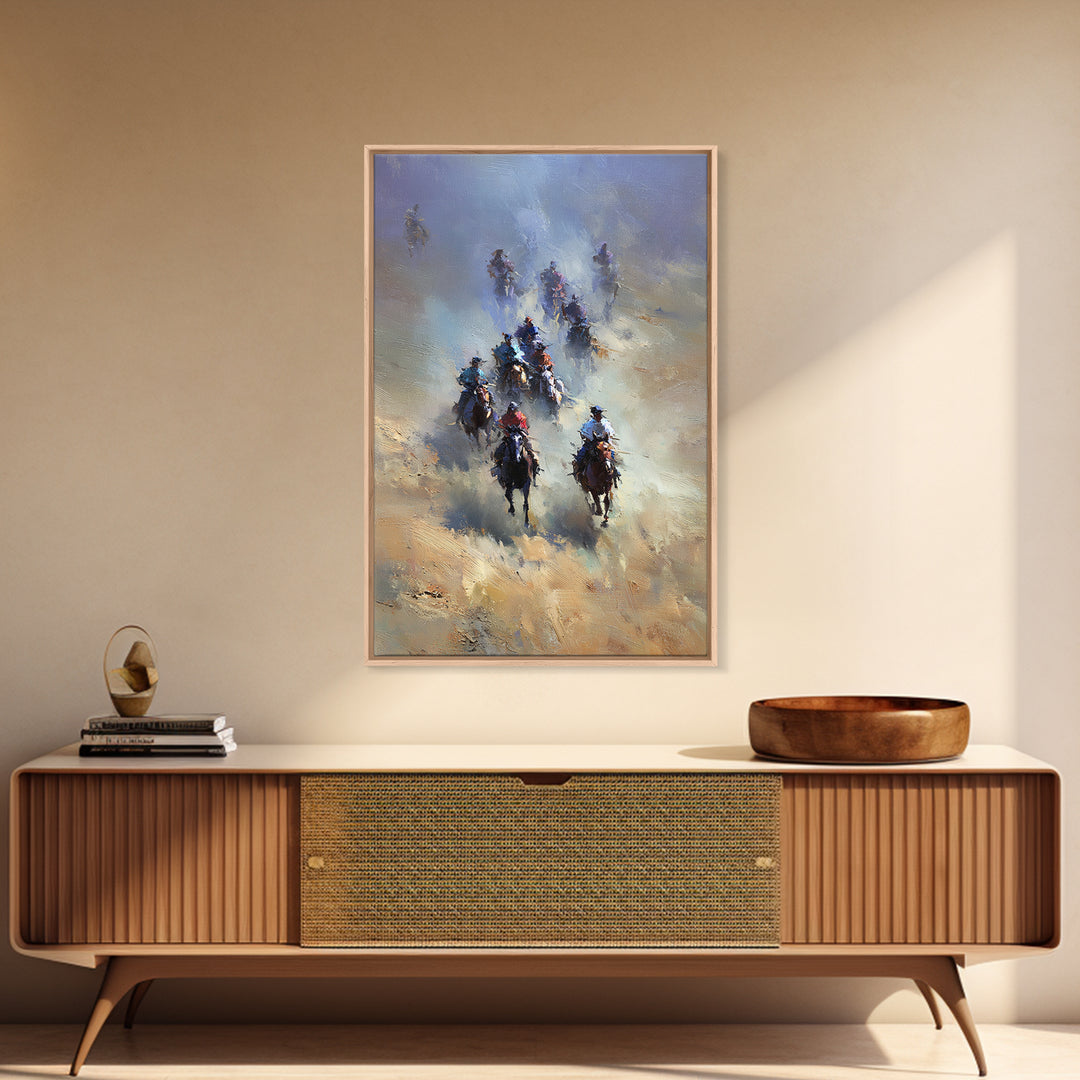 Galloping Cowboys In Dusty Desert Wall Art, Western Horse Racing Painting, Rustic Ranch Decor, Gift For Horse Lover, Living Room Art