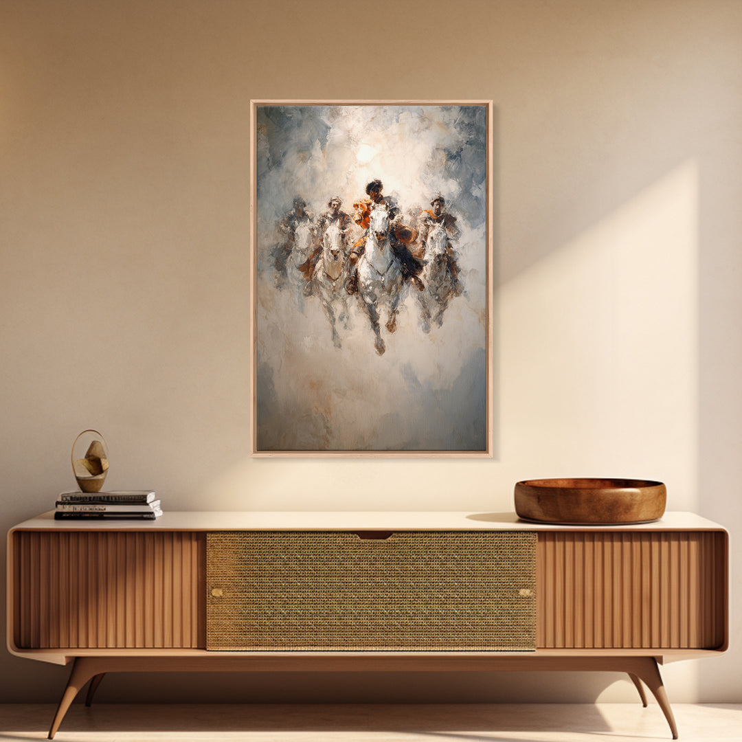 White Horses Charging Through Mist Canvas Print, Abstract Equine Painting, Equestrian Wall Art, Modern Farmhouse Decor Gift