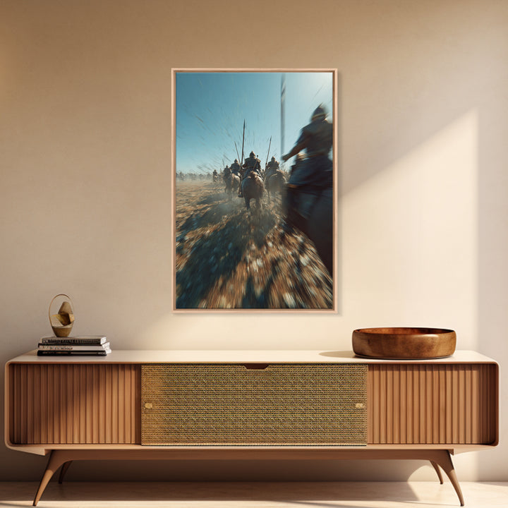 Ancient Cavalry Charge Across Dusty Battlefield Canvas Print, Epic Battle Wall Art, Horse Racing Decor, Masculine Art Gift For Him