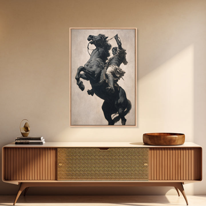 Rearing Black Horse And Rider Framed Canvas Print, Dramatic Equestrian Wall Art, Western Decor, Horse Lover Gift For Ranch Home