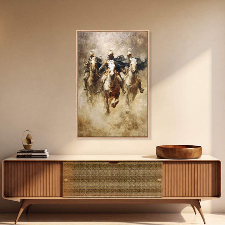 Charging Medieval Cavalry Riders Wall Art, Dramatic Horse Battle Canvas Print, Rustic Fantasy Decor, Large Living Room Decor