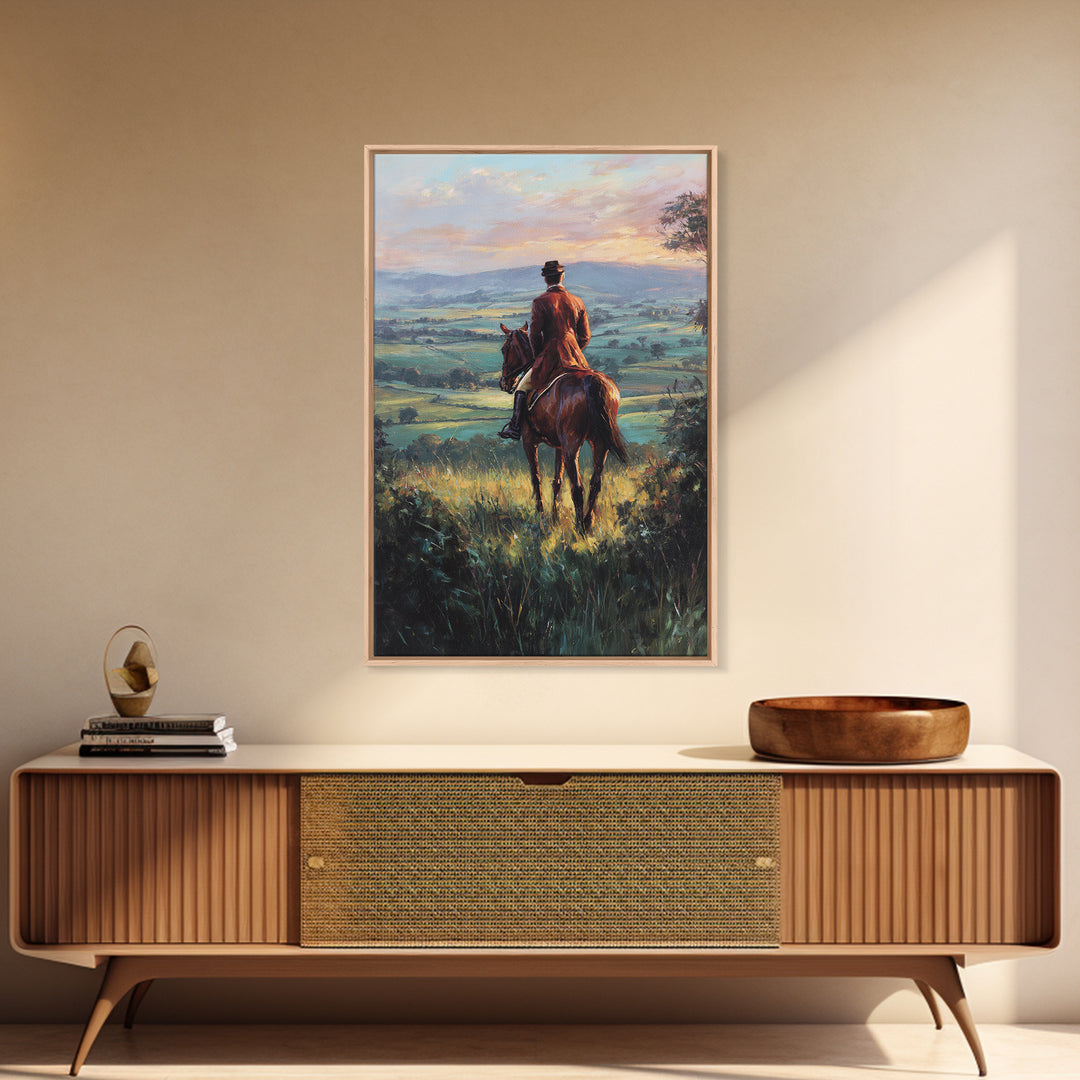Rider On Horse Over Rolling Countryside Canvas Print, Equestrian Wall Art, Country Landscape Painting, Rustic Home Decor