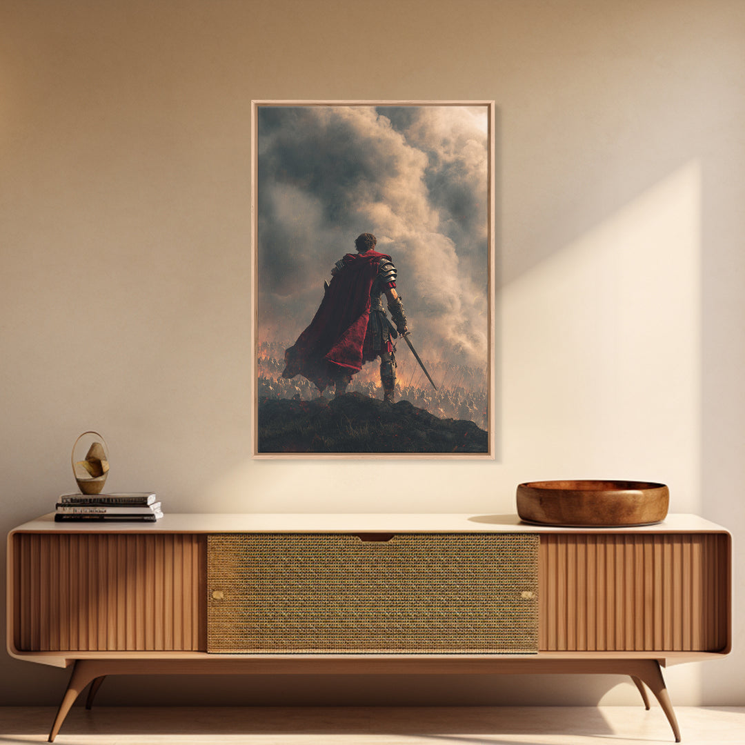Roman Commander Over Burning Battlefield Framed Canvas Print, Ancient Warrior Wall Art, Dramatic History Decor, Gift For Him
