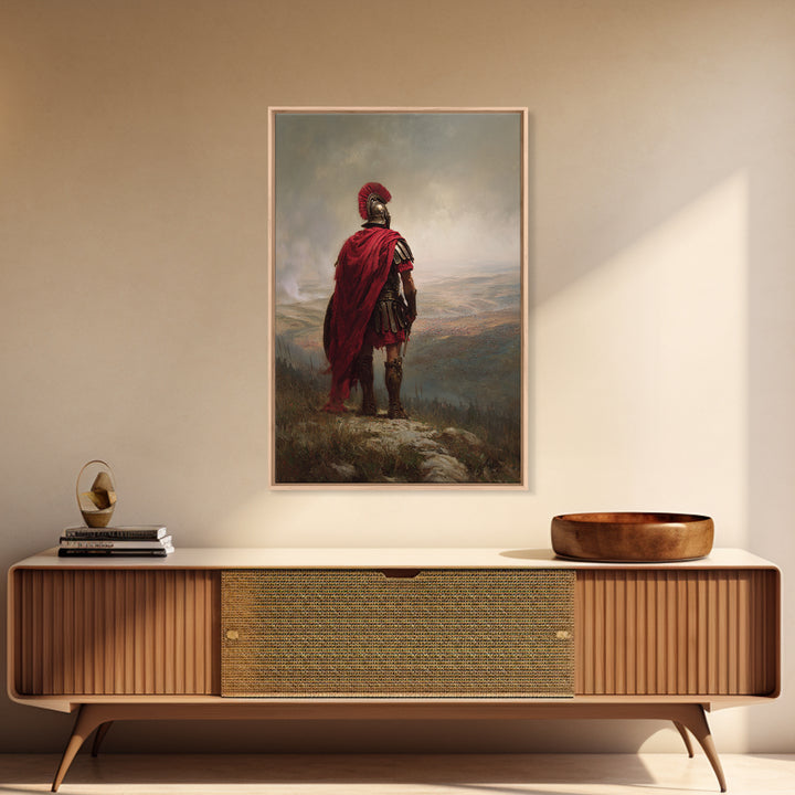Roman Centurion In Red Cloak Overlooking Battlefield Wall Art, Ancient Warrior Canvas Print For Office Decor And Gift For Him