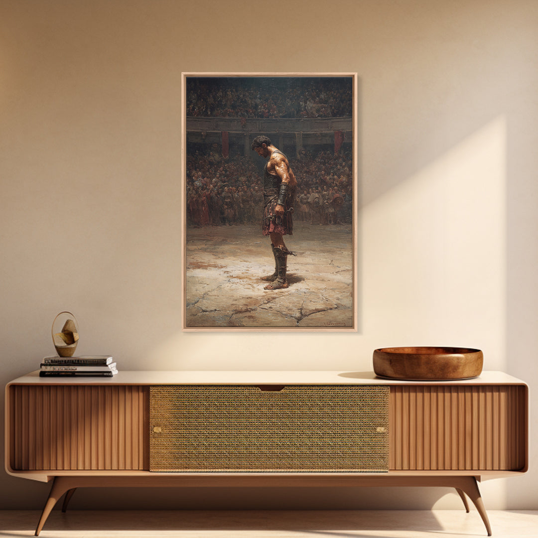 Gladiator In Arena Framed Canvas Print, Roman Warrior Oil Painting, Ancient History Wall Decor And Masculine Office Art Gift