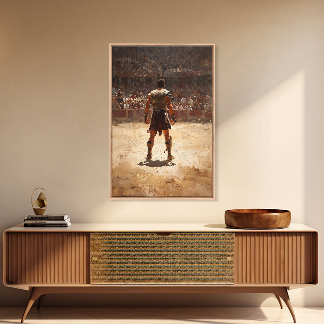 Gladiator Standing In Sunlit Ancient Arena Wall Art, Roman Warrior Canvas Print For Man Cave Decor And Masculine Office Art
