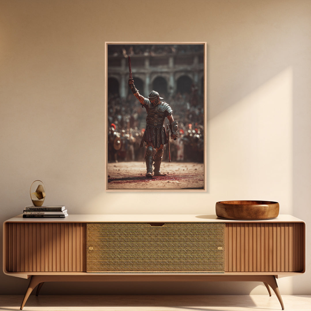 Triumphant Gladiator In Ancient Arena Wall Art, Roman Warrior Canvas Print, Masculine Office Decor, History Lover Gift For Him