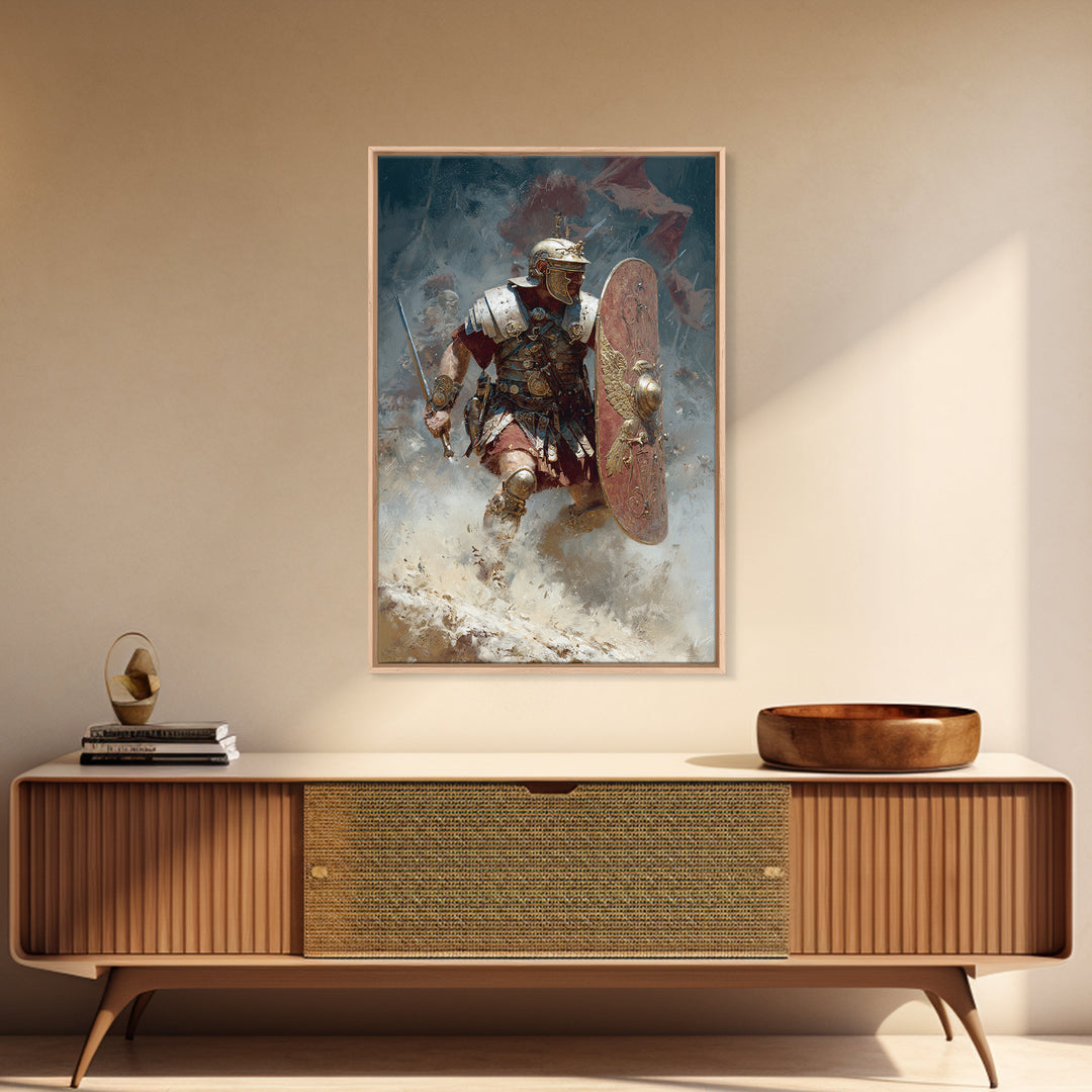 Roman Legionary Charging Into Battle Framed Canvas Print, Ancient Warrior Wall Art, Historical Decor, Masculine Office Art