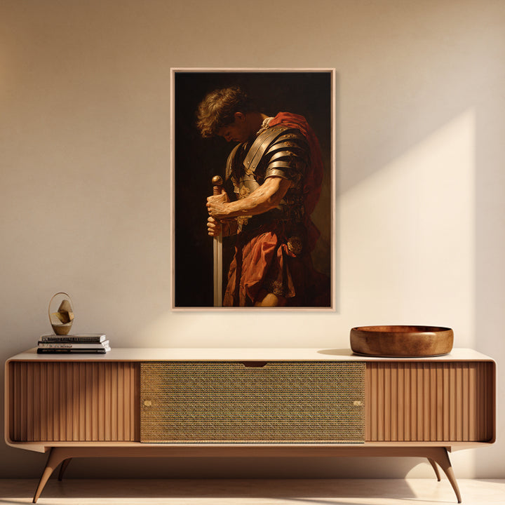 Roman Commander With Sword Framed Canvas Print, Dramatic Warrior Wall Art, Classical Oil Painting, Dark Academia Office Decor