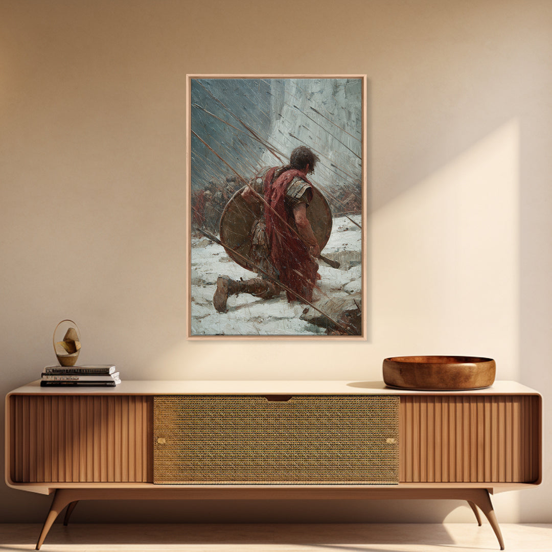 Kneeling Roman Soldier In Arrow Storm Wall Art, Ancient Battle Canvas Print, Heroic Warrior Office Decor, History Gift For Him