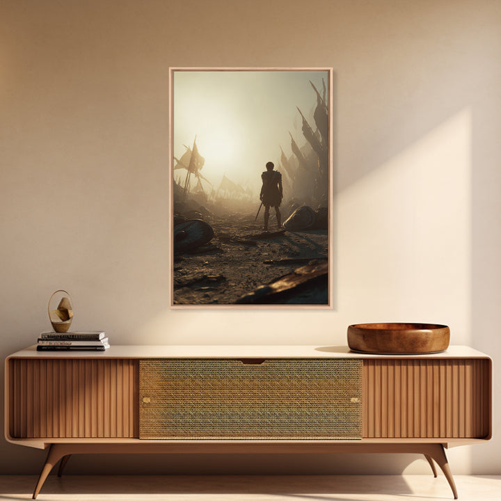 Lone Ancient Warrior In Sunlit Battlefield Canvas Print, Epic Fantasy Wall Art, Greek Battle Decor, Masculine Office Art