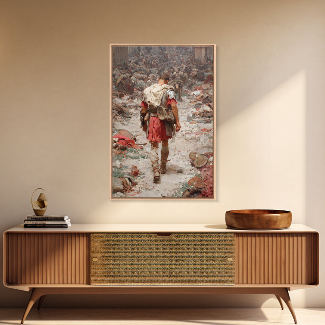 Historic Roman Soldier Amidst Battle Aftermath Detailed Painting Wall Art Canvas Print For History Buffs And Home Decor