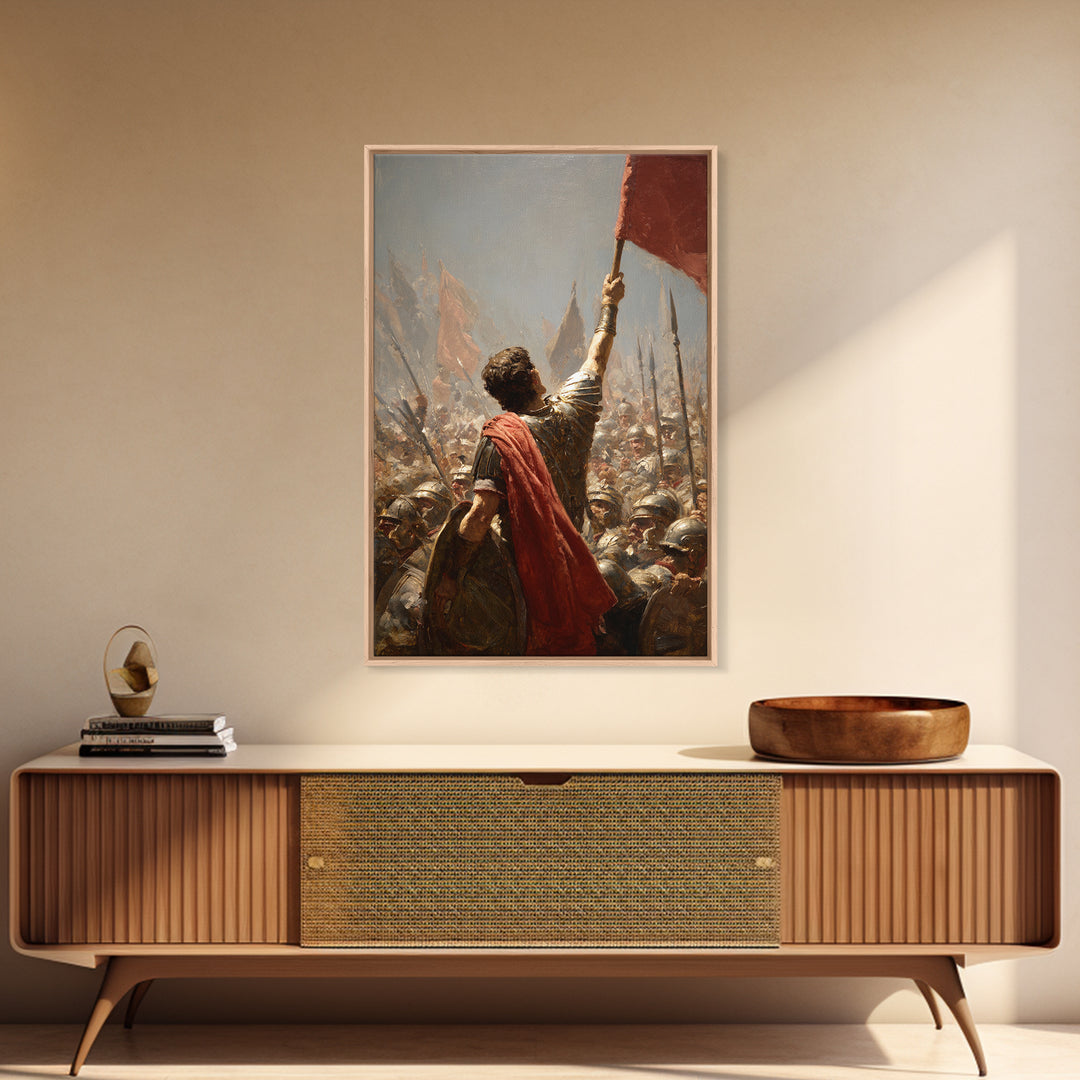 Roman Standard Bearer In Battle Wall Art, Dramatic Warrior Oil Painting, Historical Fine Art Print, Masculine Office Decor