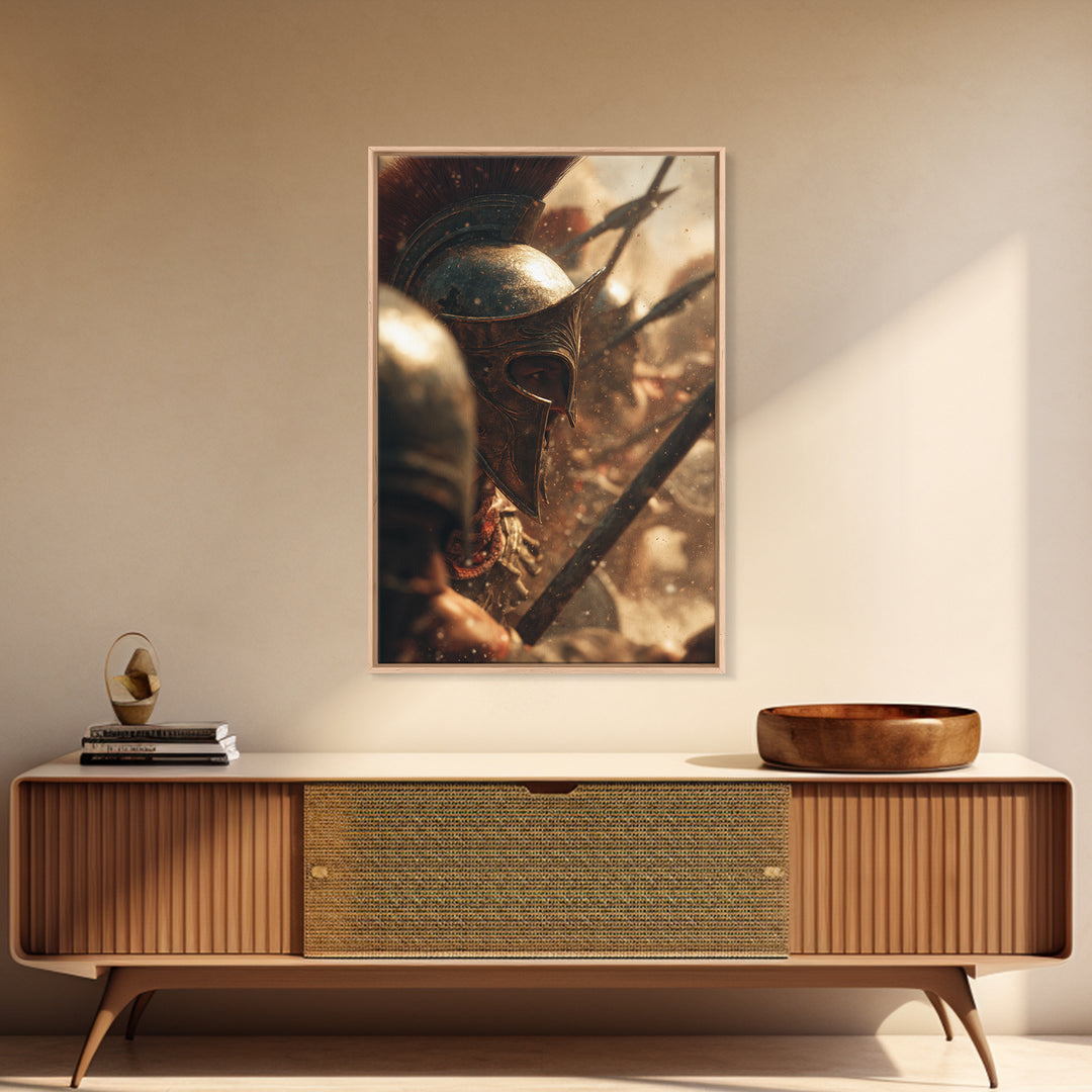 Bronze Spartan Helmet In Ancient Battle Canvas Print, Greek Warrior Wall Art, Historical Office Decor, Masculine Gift For Him