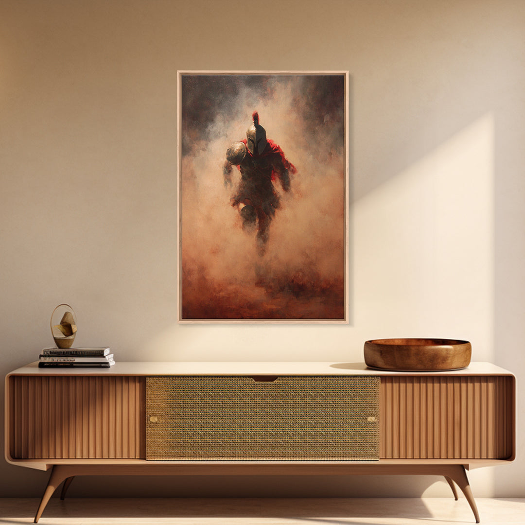 Spartan Warrior Emerging Through Red Smoke, Canvas Print, Dramatic Battle Wall Art, Ancient Greek Decor, Masculine Art, Gift For Him