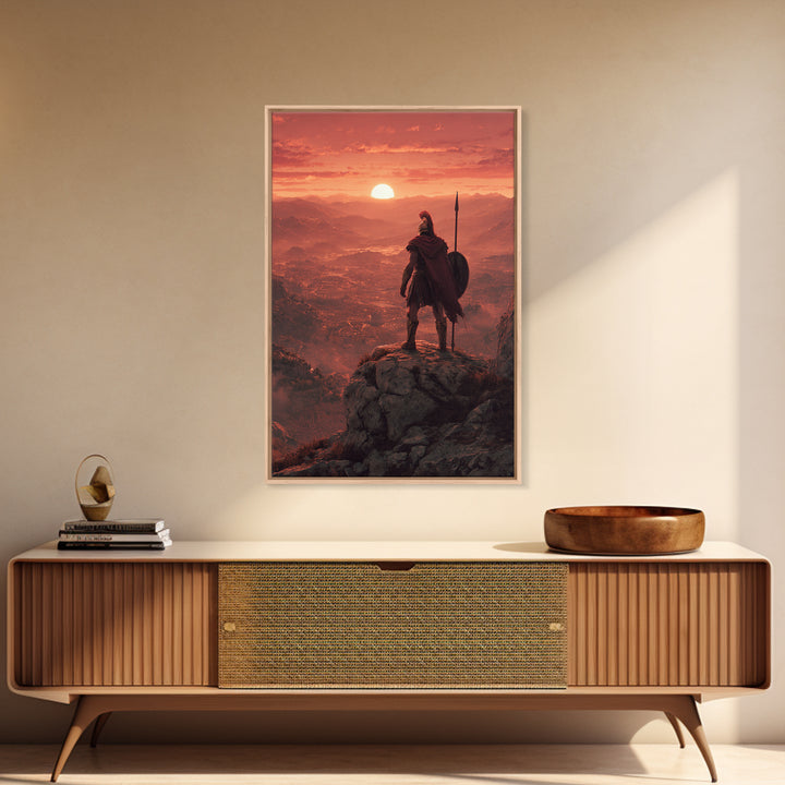 Spartan Warrior At Red Sunset, Epic Landscape Wall Art, Greek Soldier Canvas Print, Masculine Office Decor, Gift For Him