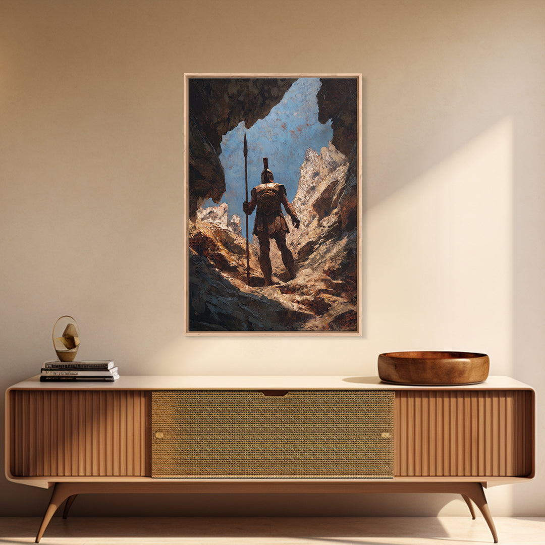 Spartan Warrior In Mountain Cave Framed Canvas Print, Ancient Greek Wall Art, Fantasy Adventure Decor, Gift For Him, Office Decor