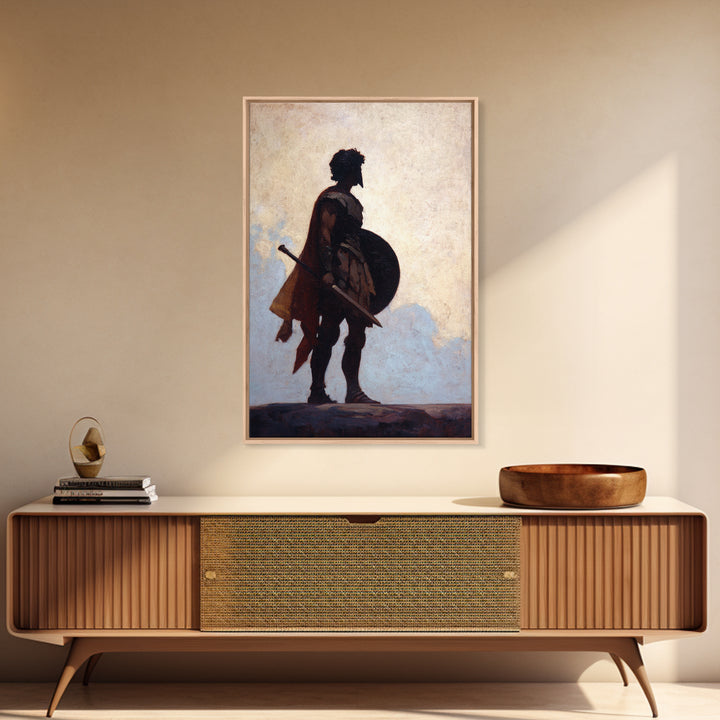 Ancient Warrior Silhouette With Shield And Sword Wall Art, Roman Soldier Canvas, Masculine Office Decor, Historical Fine Art Print