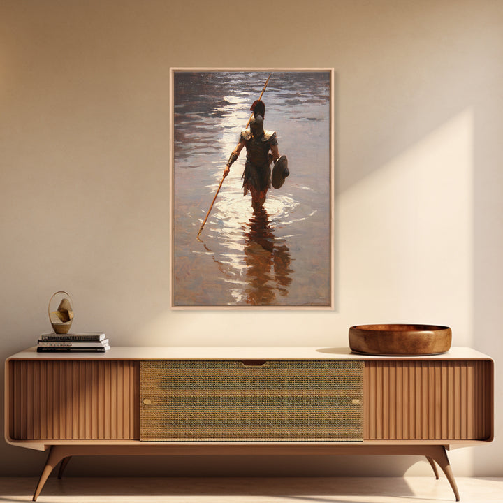 Solitary Spartan Warrior In Shimmering Water Wall Art, Ancient Spear Canvas Print, Greek History Living Room And Office Decor